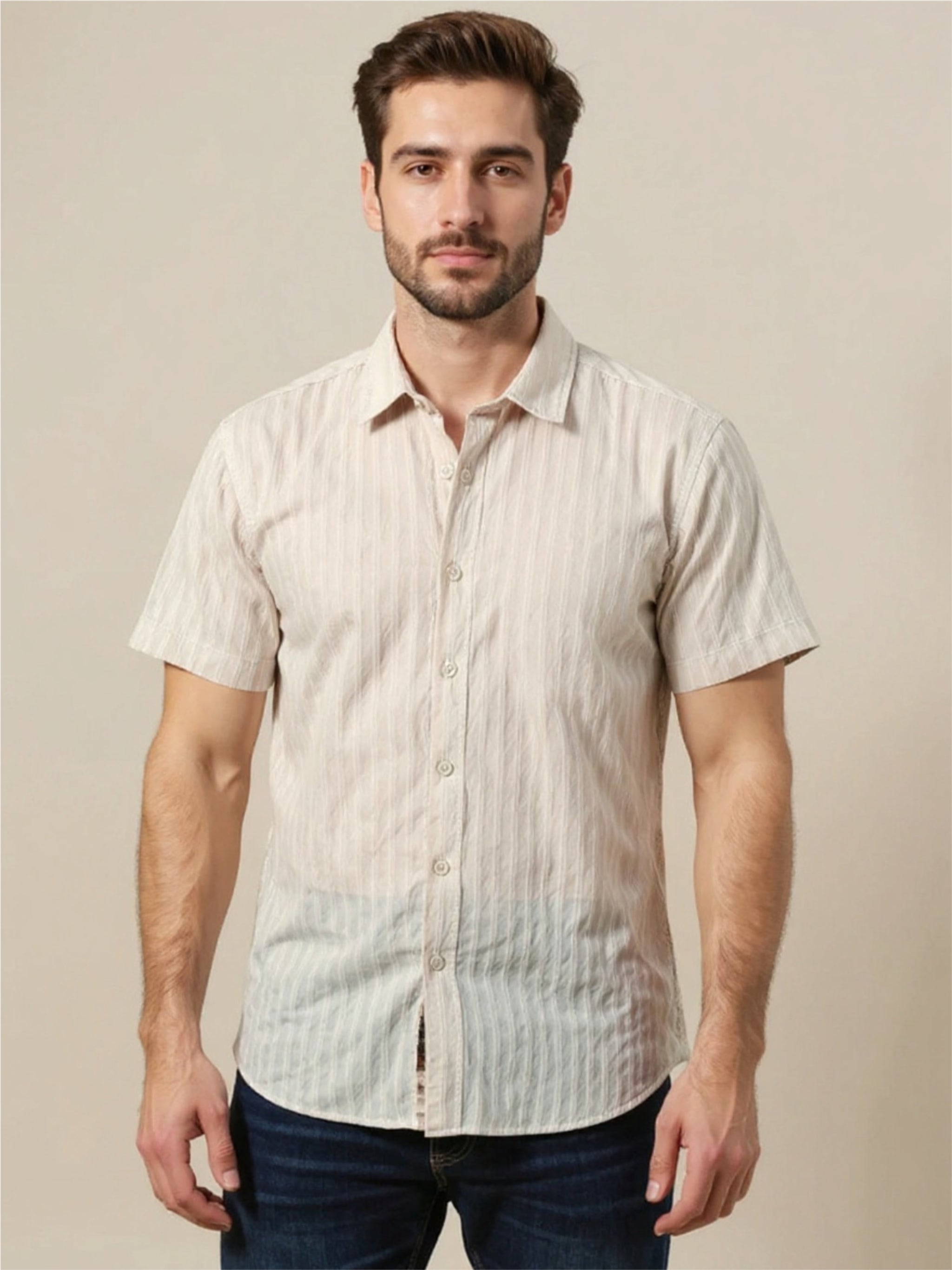 Textured Stripe Button Up Short Sleeve Shirt