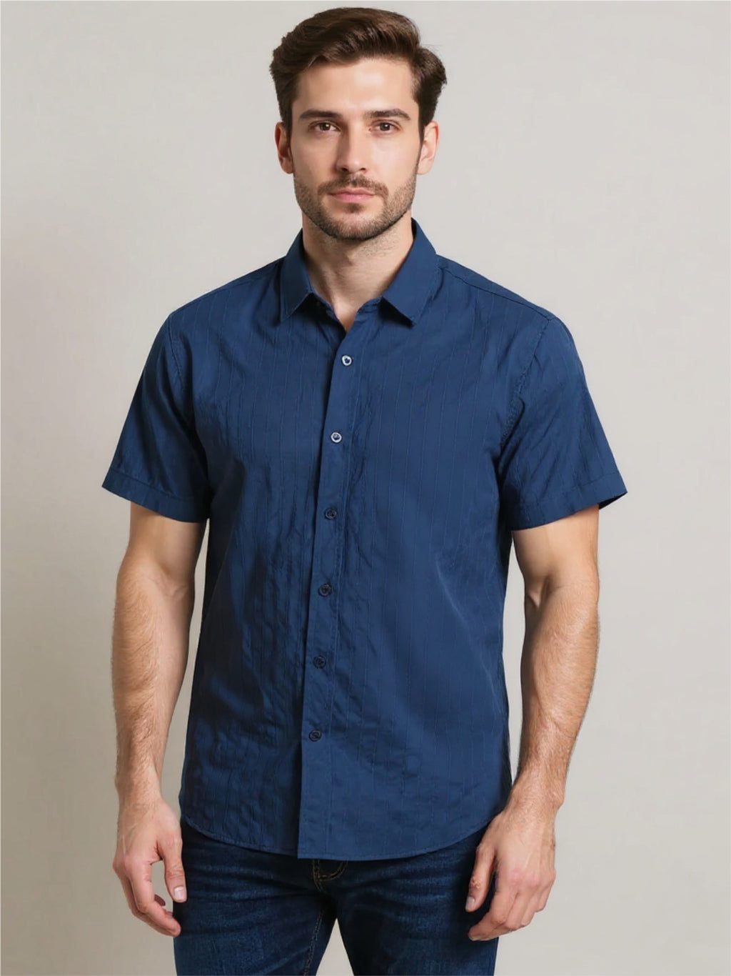 Textured Stripe Button Up Short Sleeve Shirt