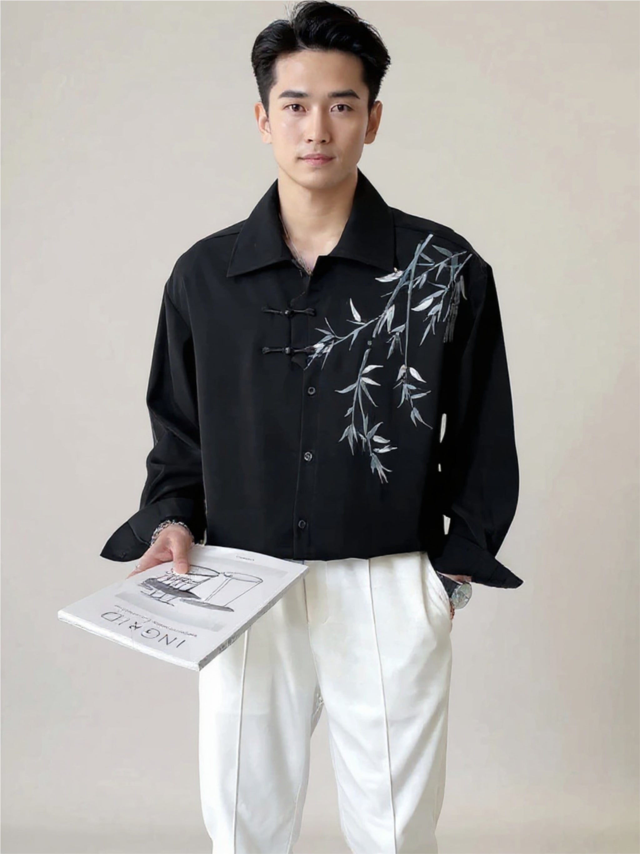Embroidered Bamboo Button Up Long Sleeve Shirt