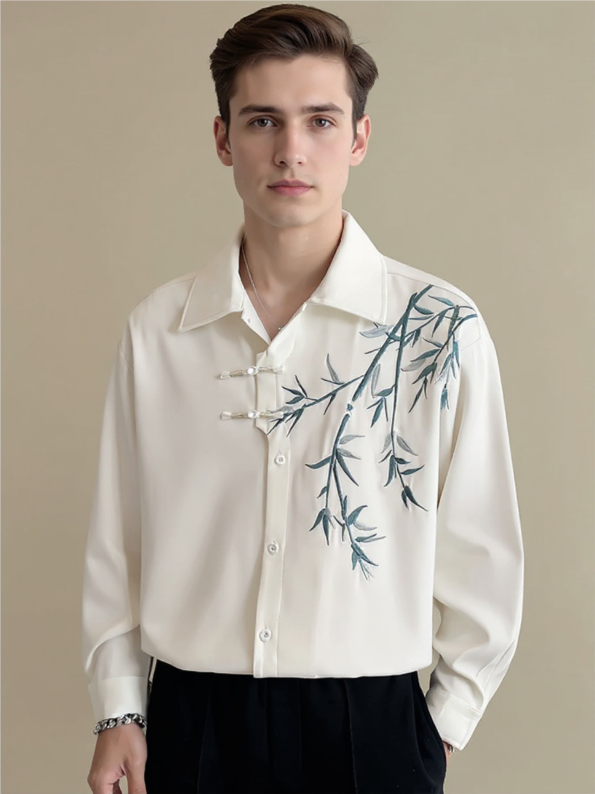 Embroidered Bamboo Button Up Long Sleeve Shirt