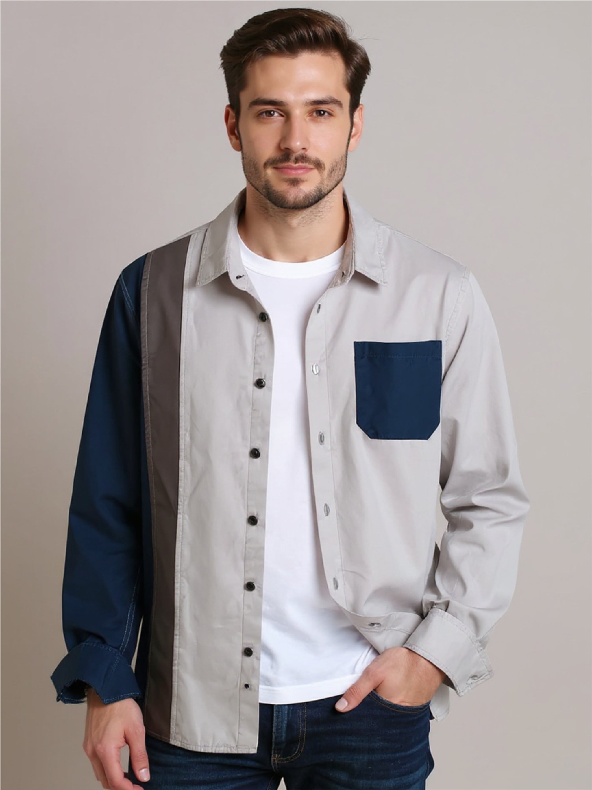 Color Block Long Sleeve Button Up Shirt