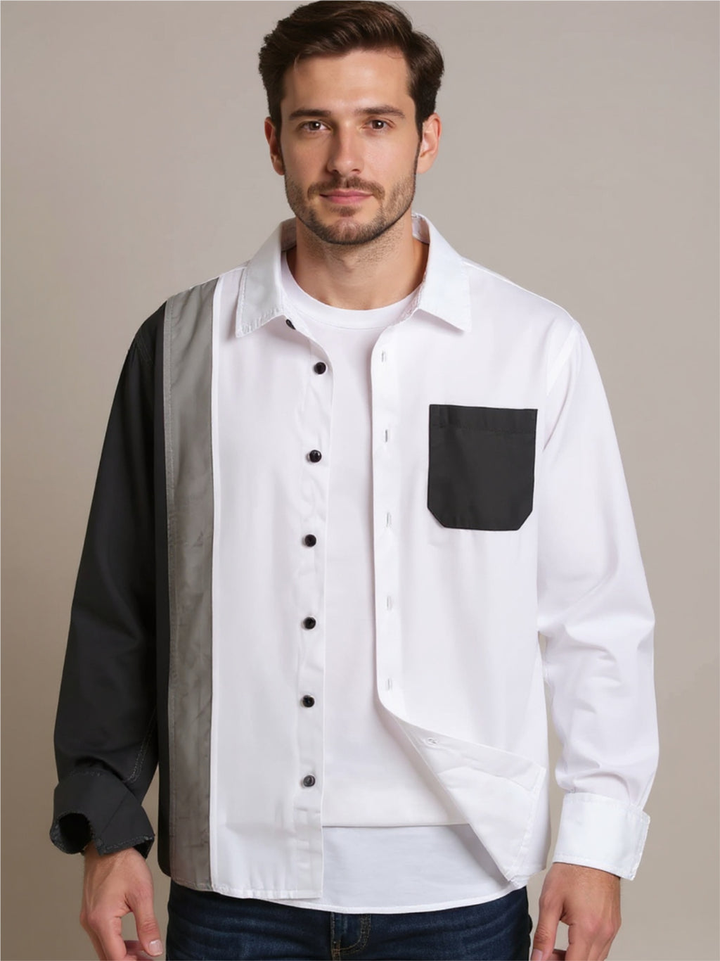Color Block Long Sleeve Button Up Shirt