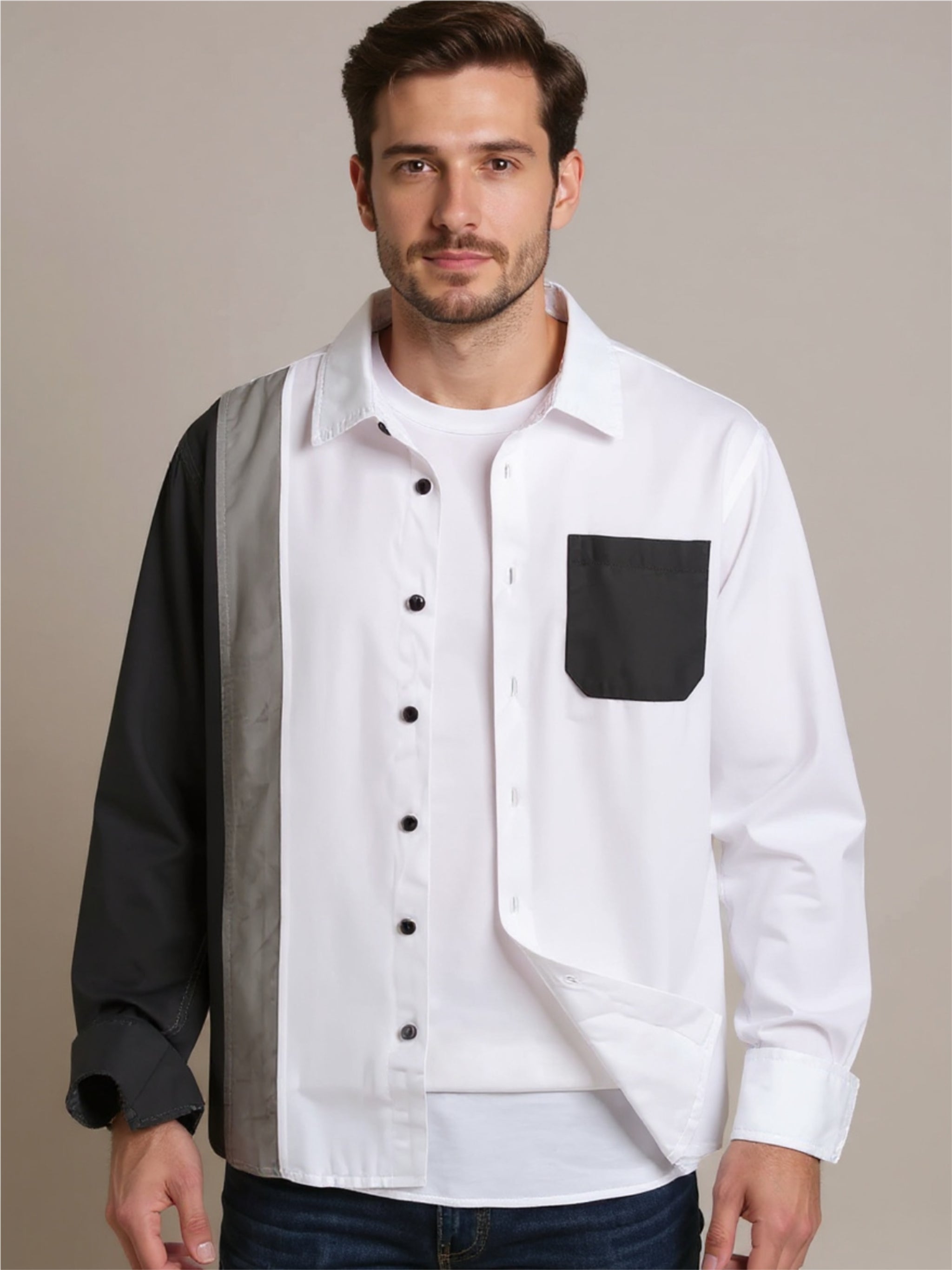 Color Block Long Sleeve Button Up Shirt
