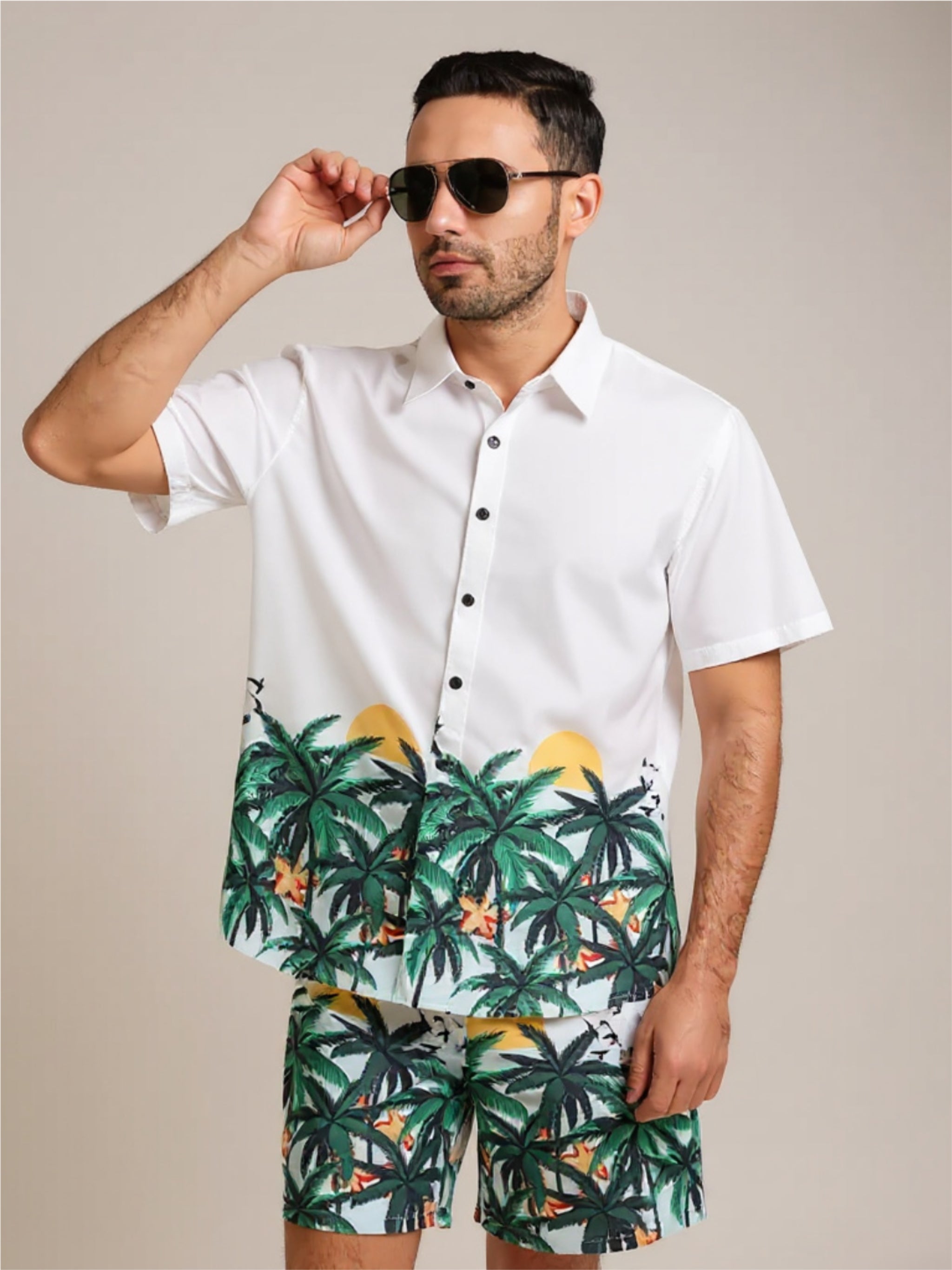 Palm Tree Printed Button Up Short Sleeve Shirt & Short Set