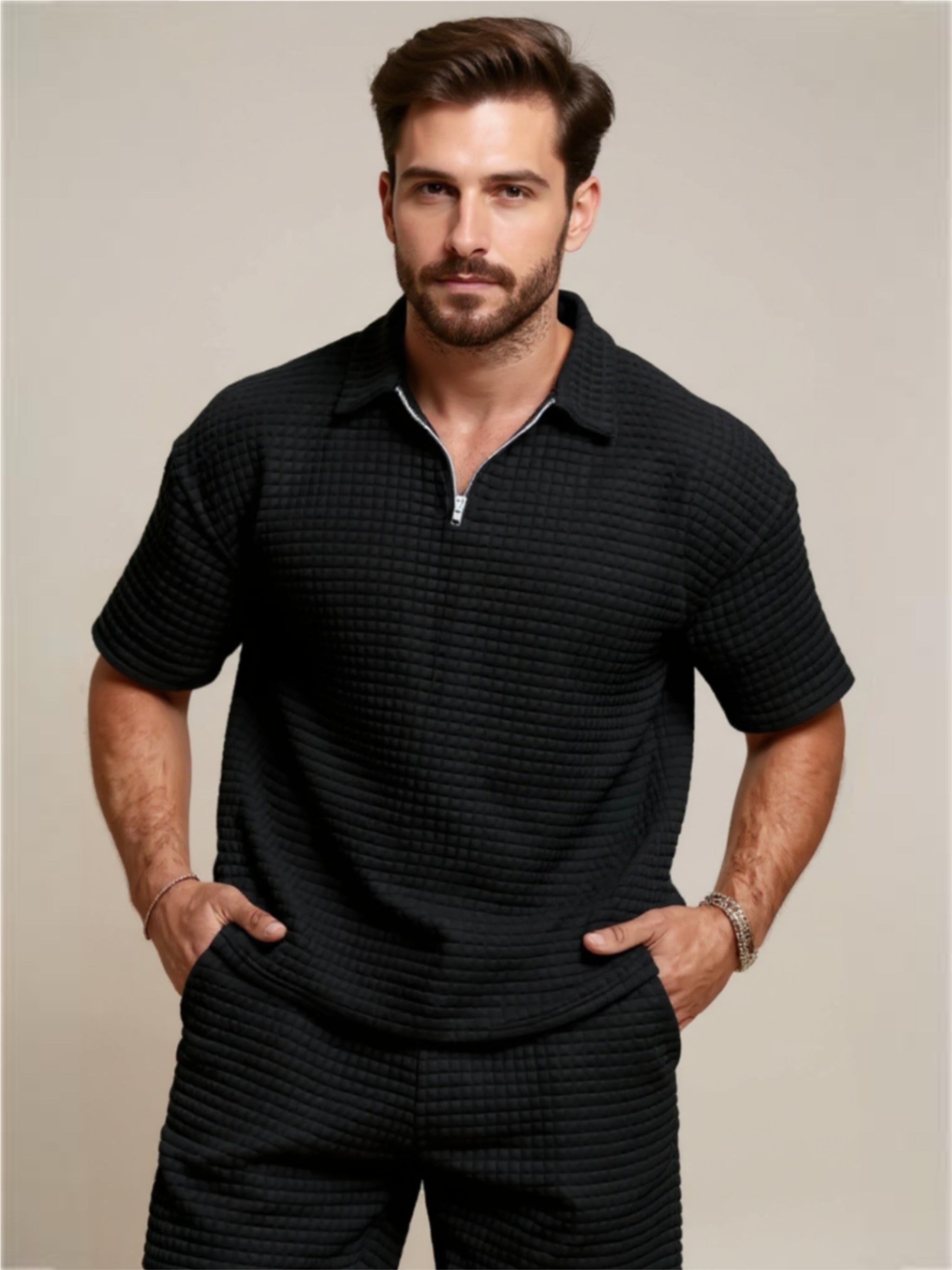 Half Zip Polo Shirt & Shorts Set
