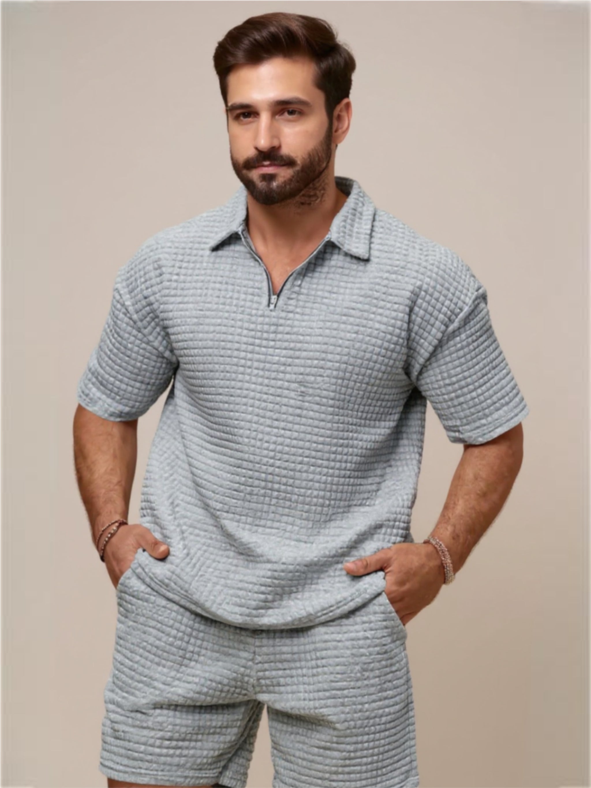 Half Zip Polo Shirt & Shorts Set