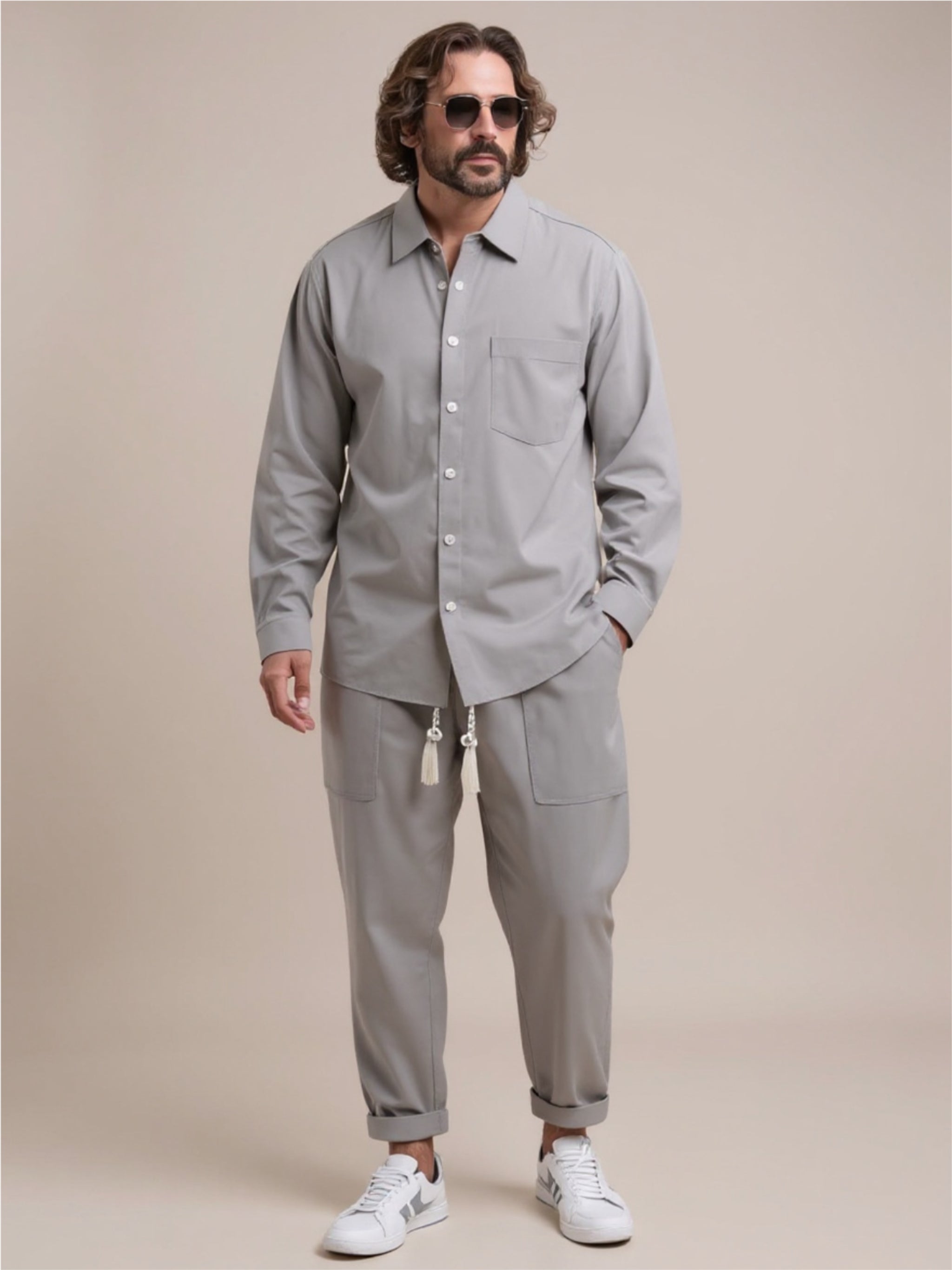 Collared Neck Long Sleeve Top & Pants Set