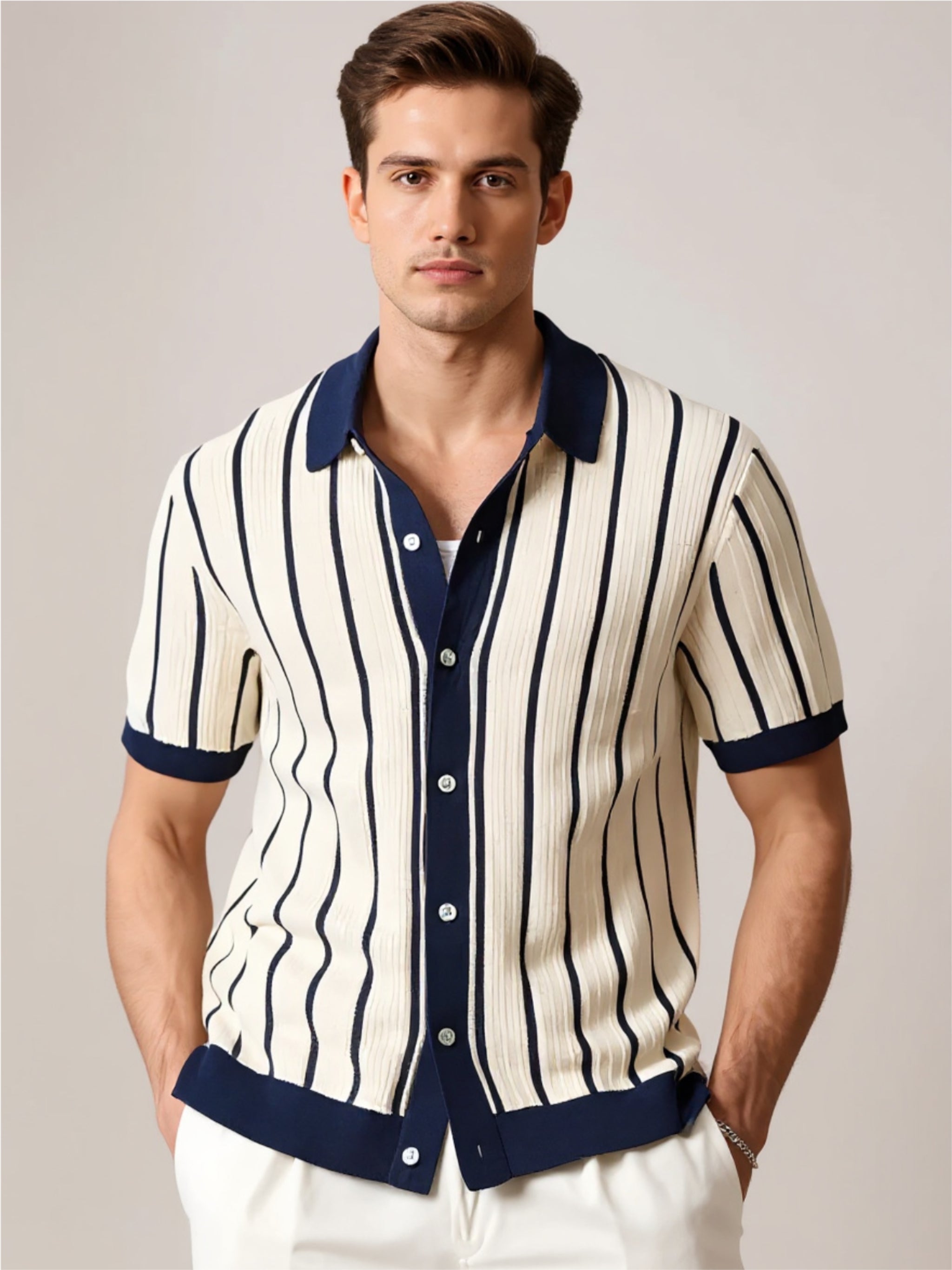 Navy Striped Button Down Short Sleeve Shirt