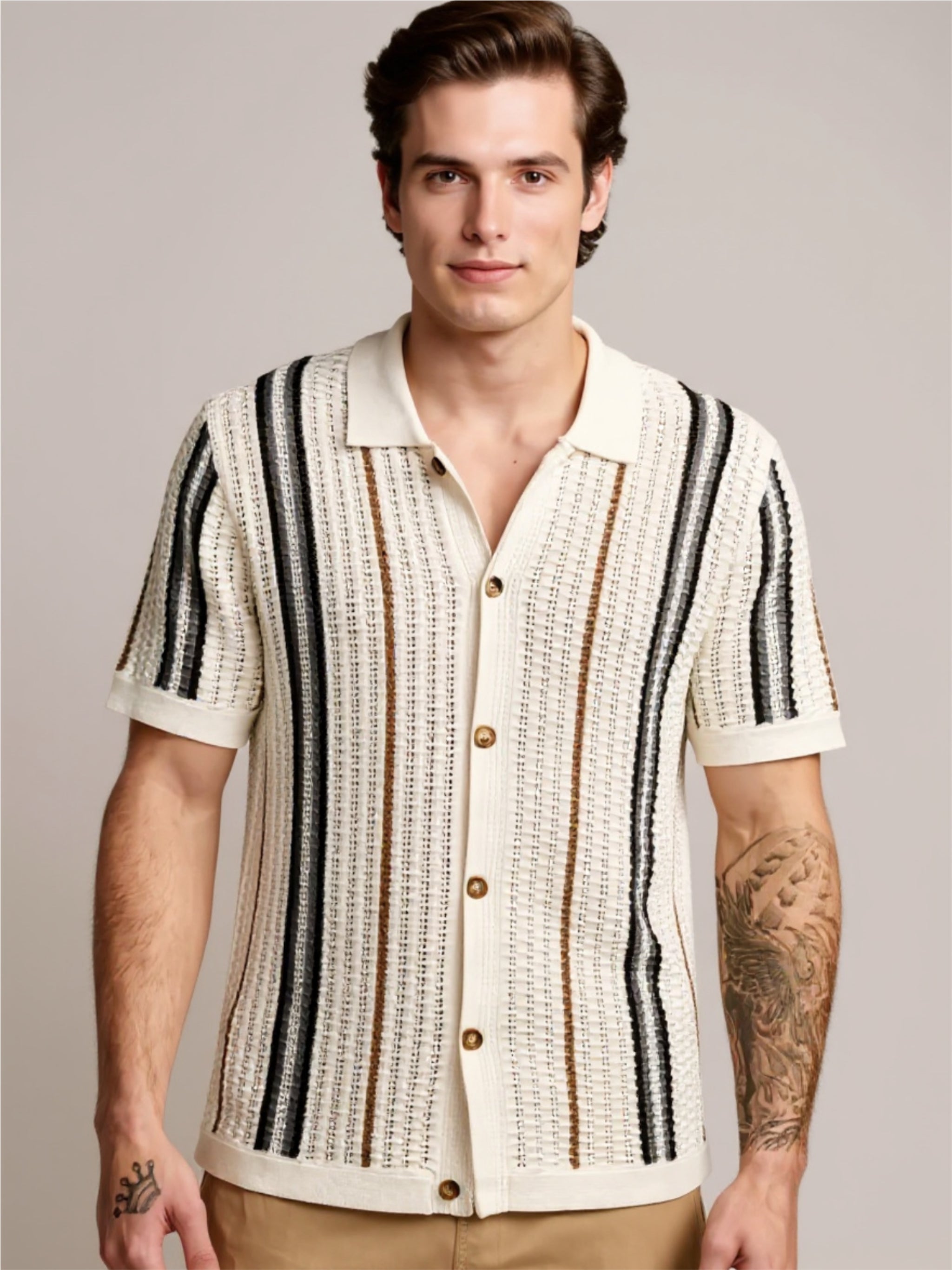 Striped Collared Neck Short Sleeve Shirt