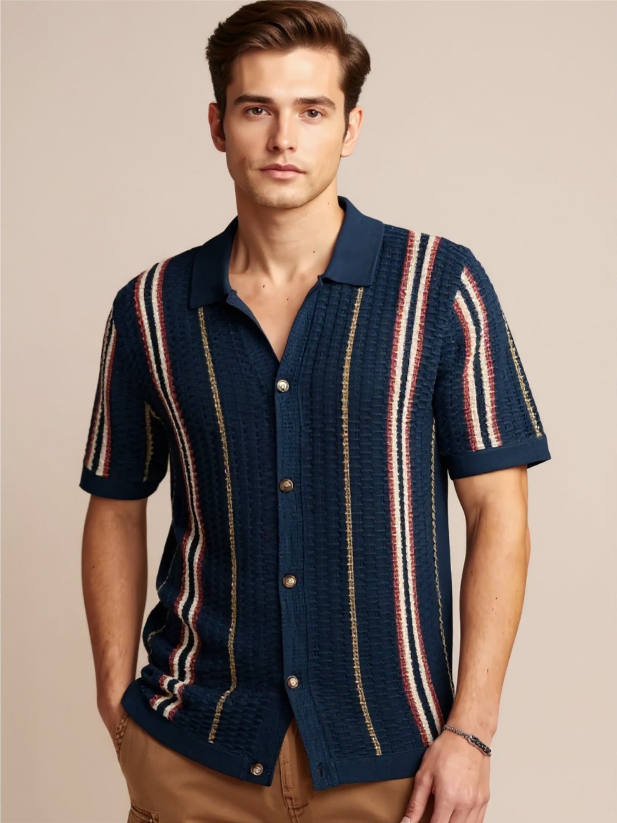 Striped Collared Neck Short Sleeve Shirt
