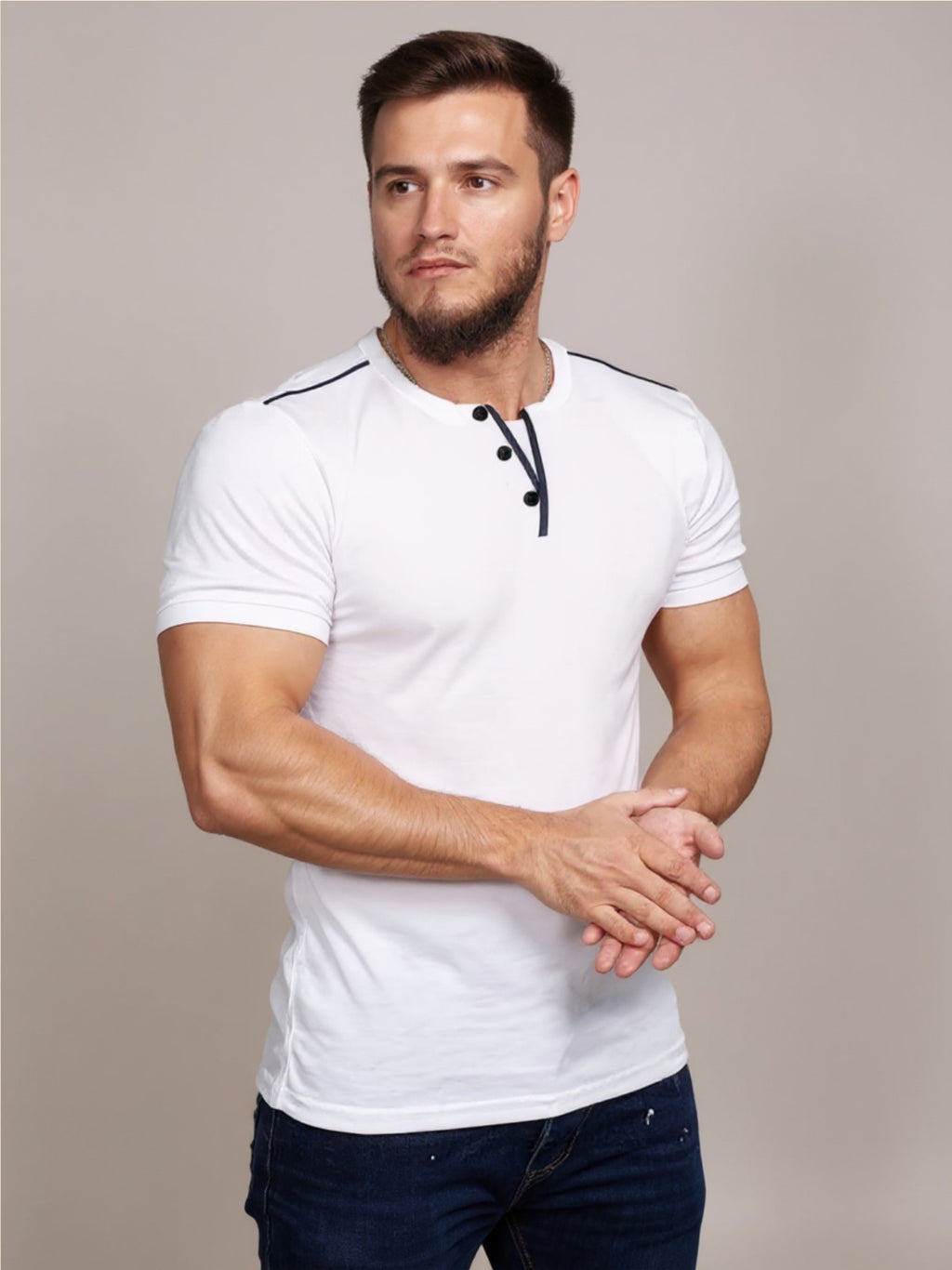 Henley Short Sleeve T-Shirt with Contrast Trim