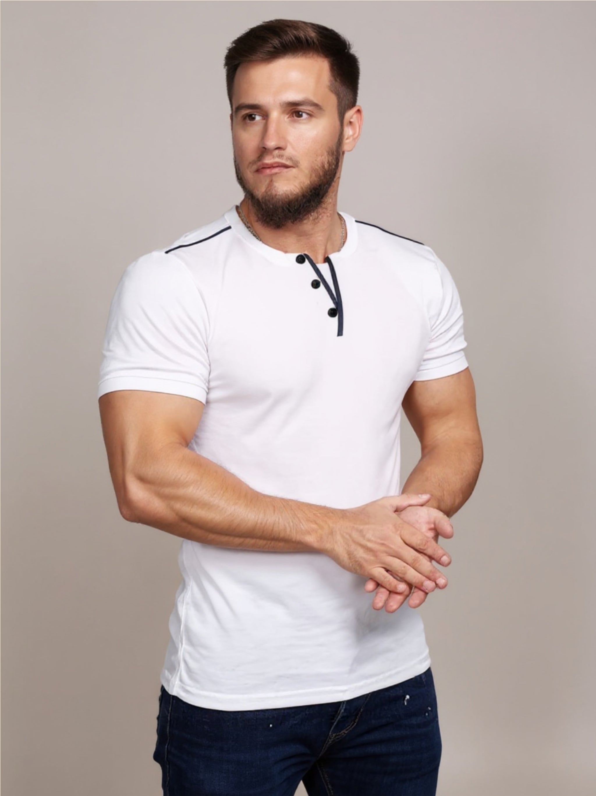 Henley Short Sleeve T-Shirt with Contrast Trim