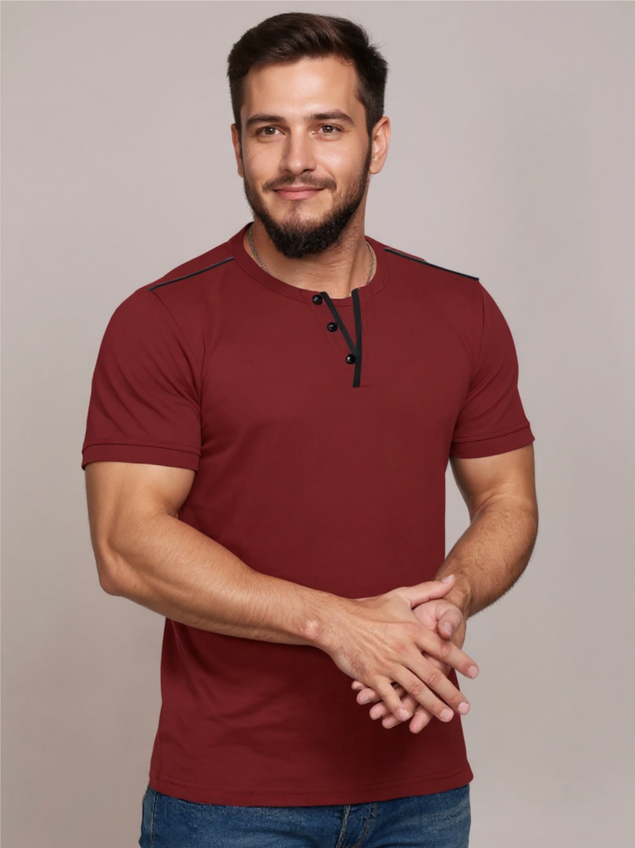 Henley Short Sleeve T-Shirt with Contrast Trim