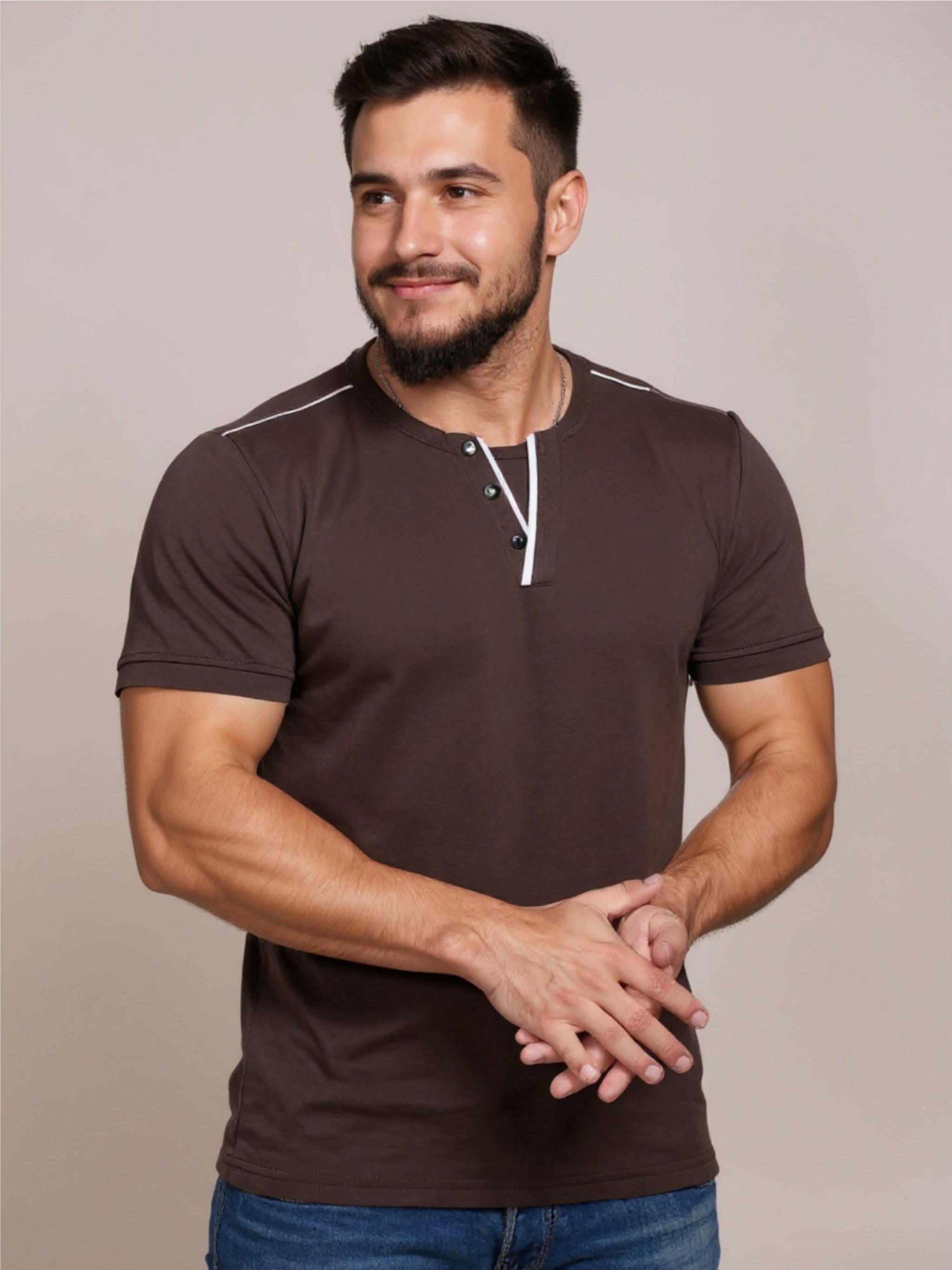 Henley Short Sleeve T-Shirt with Contrast Trim