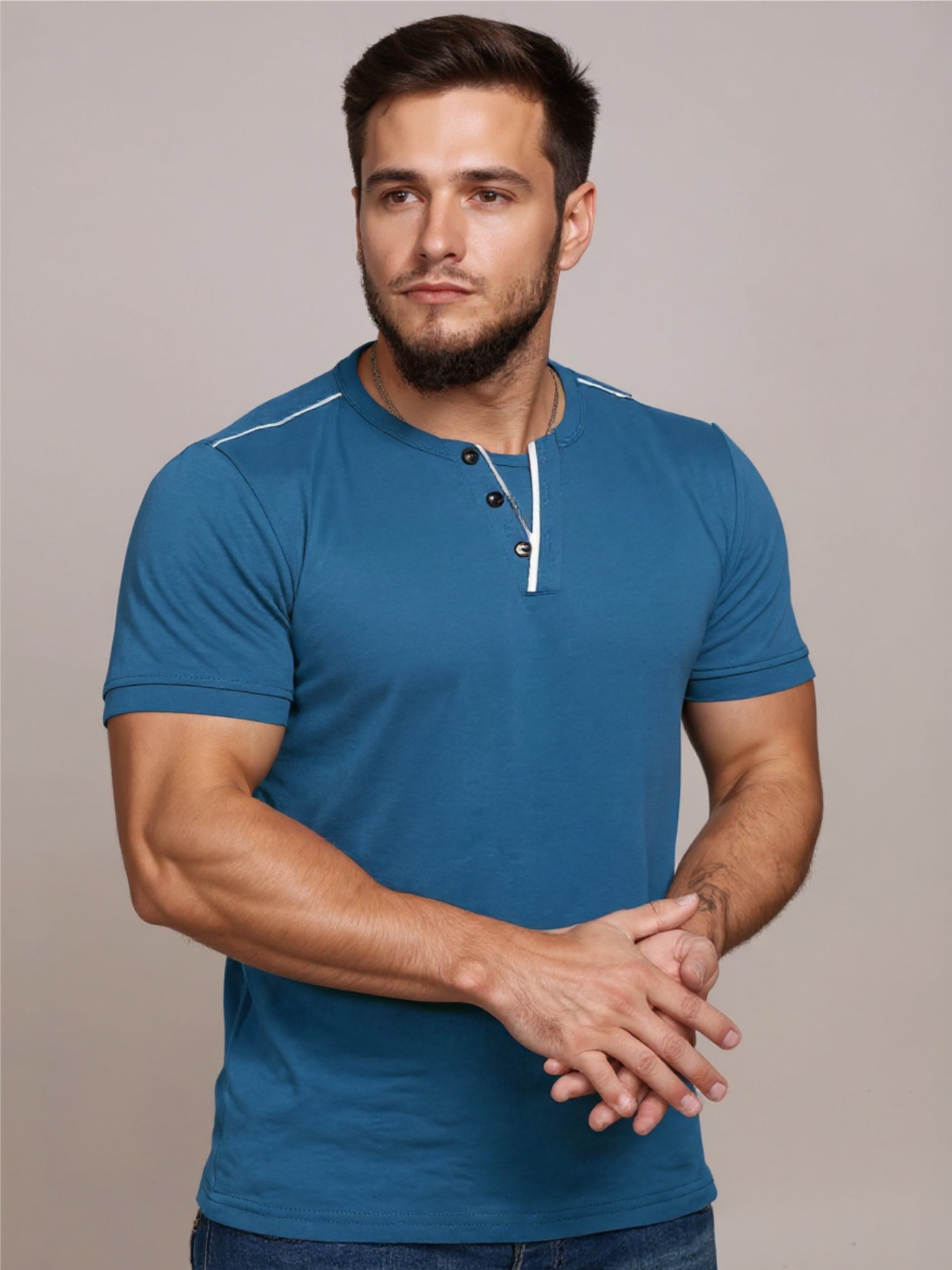 Henley Short Sleeve T-Shirt with Contrast Trim
