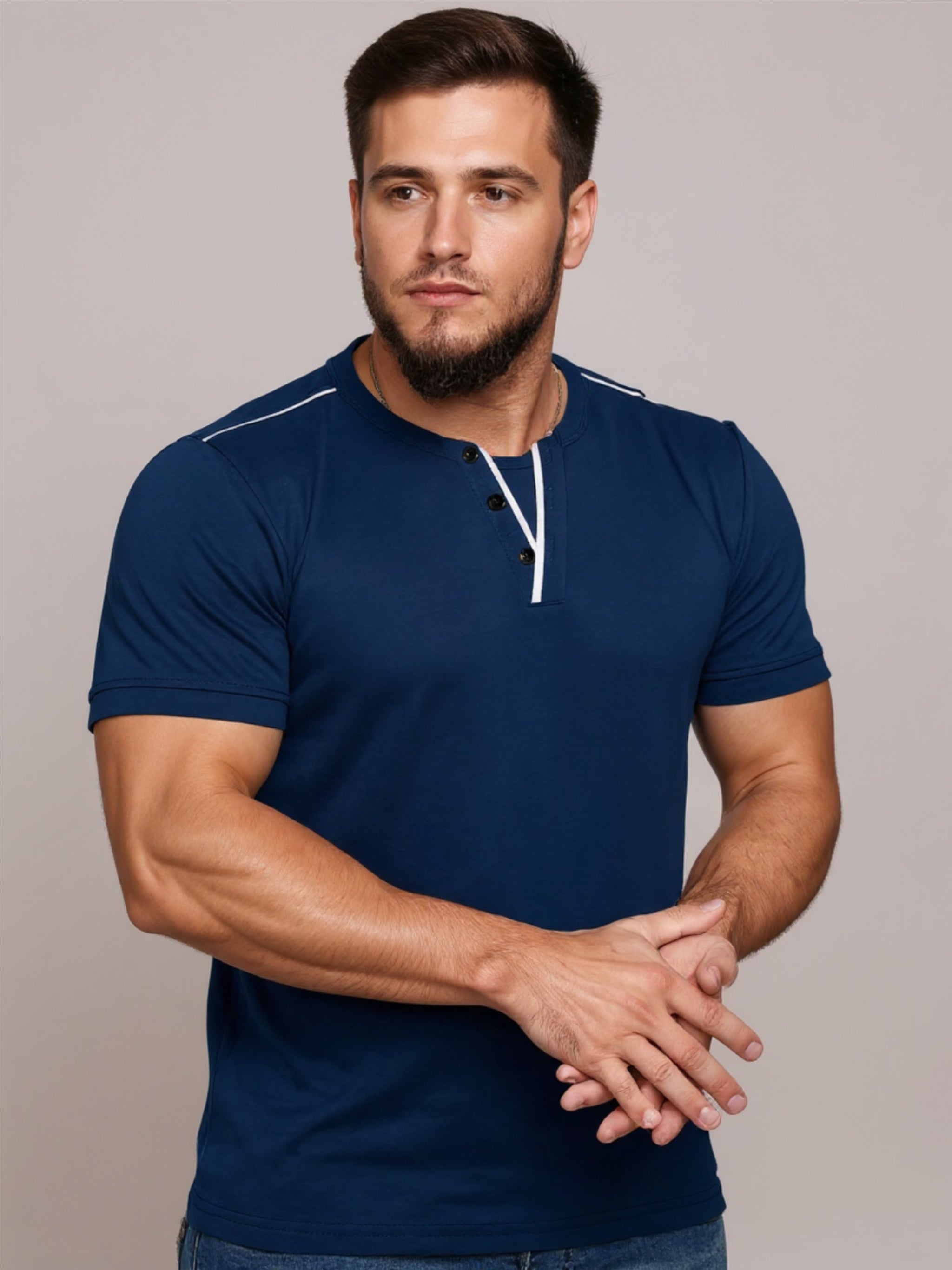 Henley Short Sleeve T-Shirt with Contrast Trim
