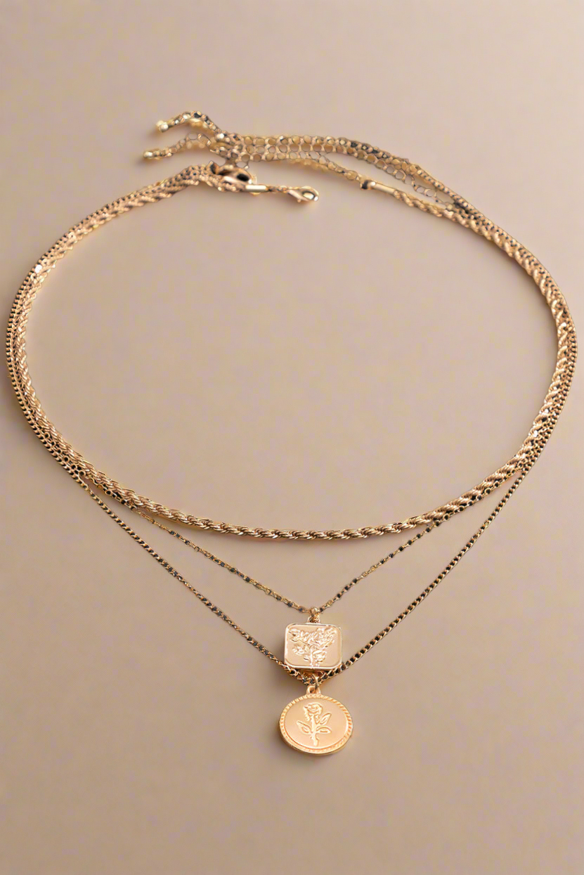 Triple Gold Necklace Set with Rose Charms