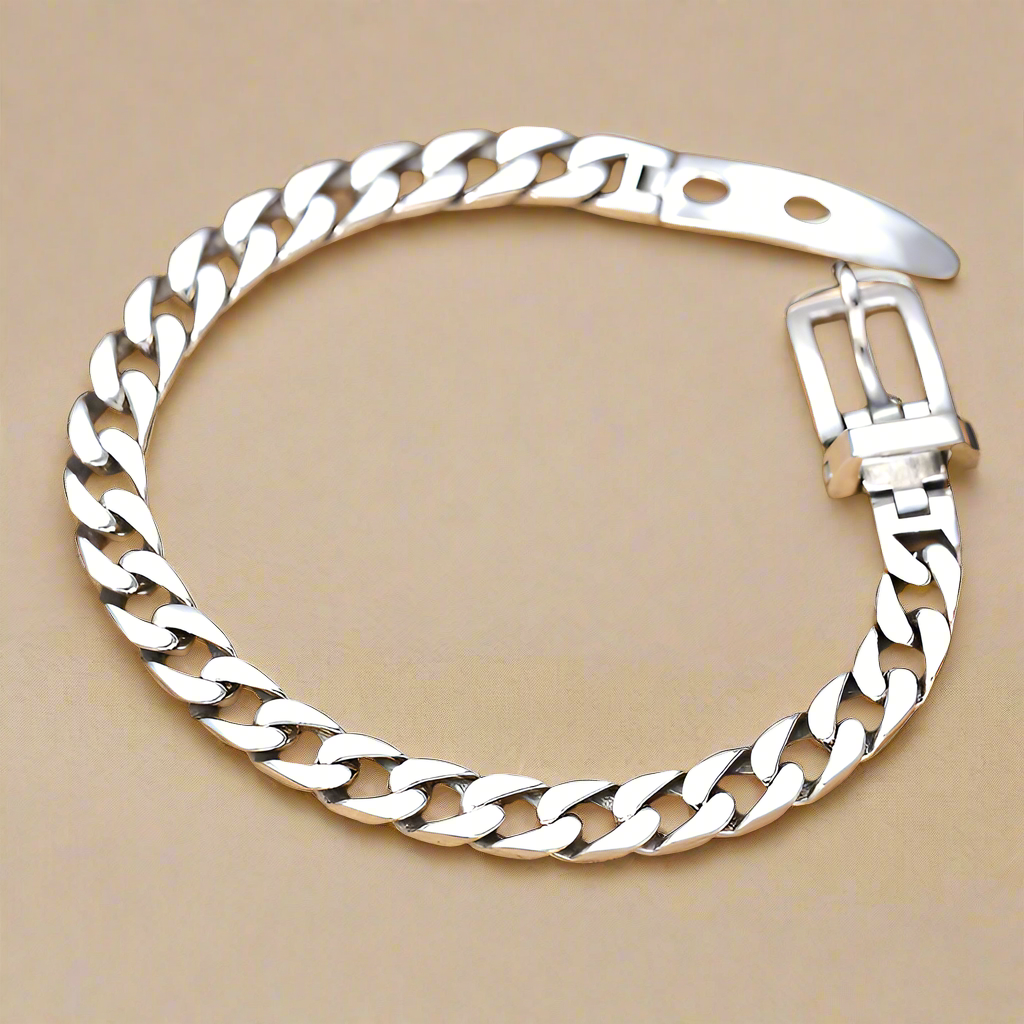 Cuban Chain with Belt Buckle Sterling Silver Bracelet