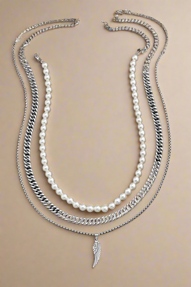 Vintage Layered Pearl & Feather Charm Necklace