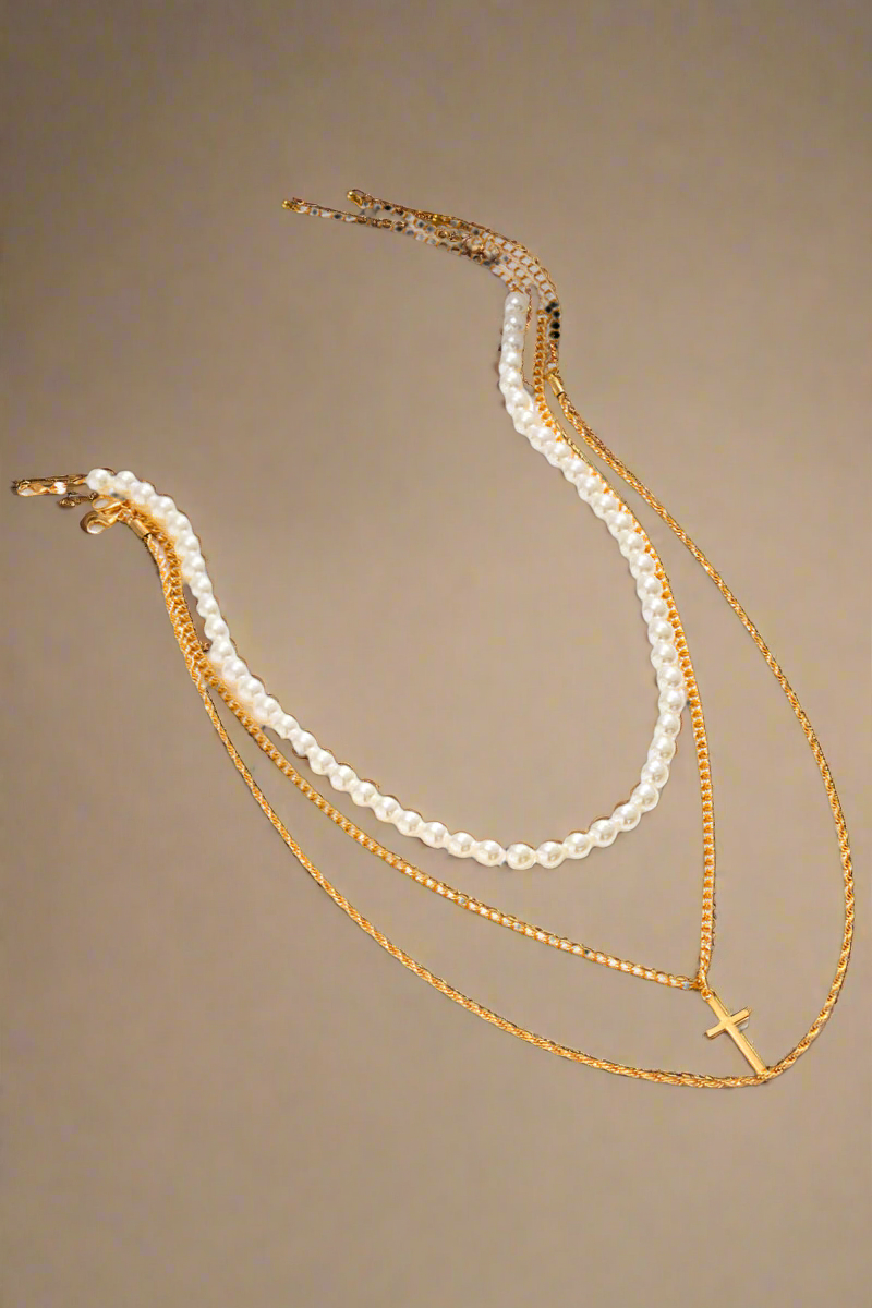 Pearl & Cross Three-Layer Stacked Necklace