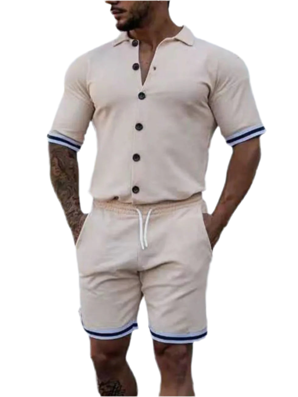 Striped Hem Button Up Top & Shorts Set