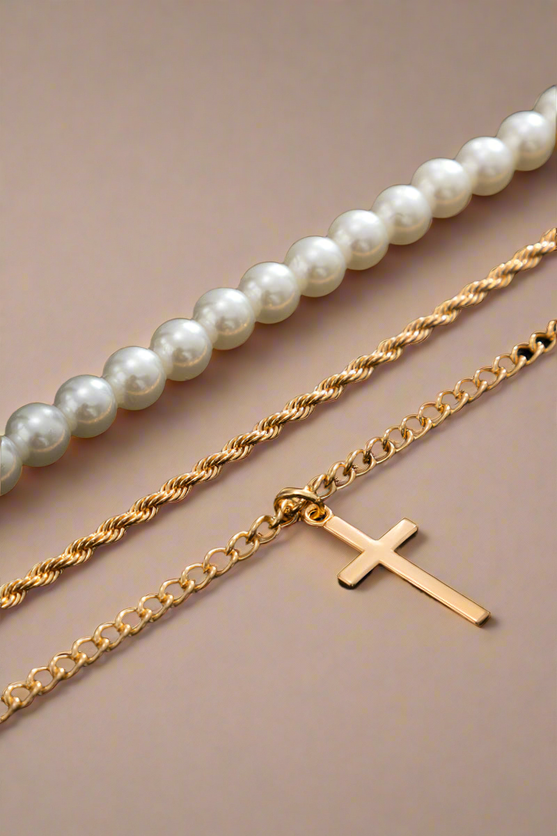 Pearl & Cross Three-Layer Stacked Necklace