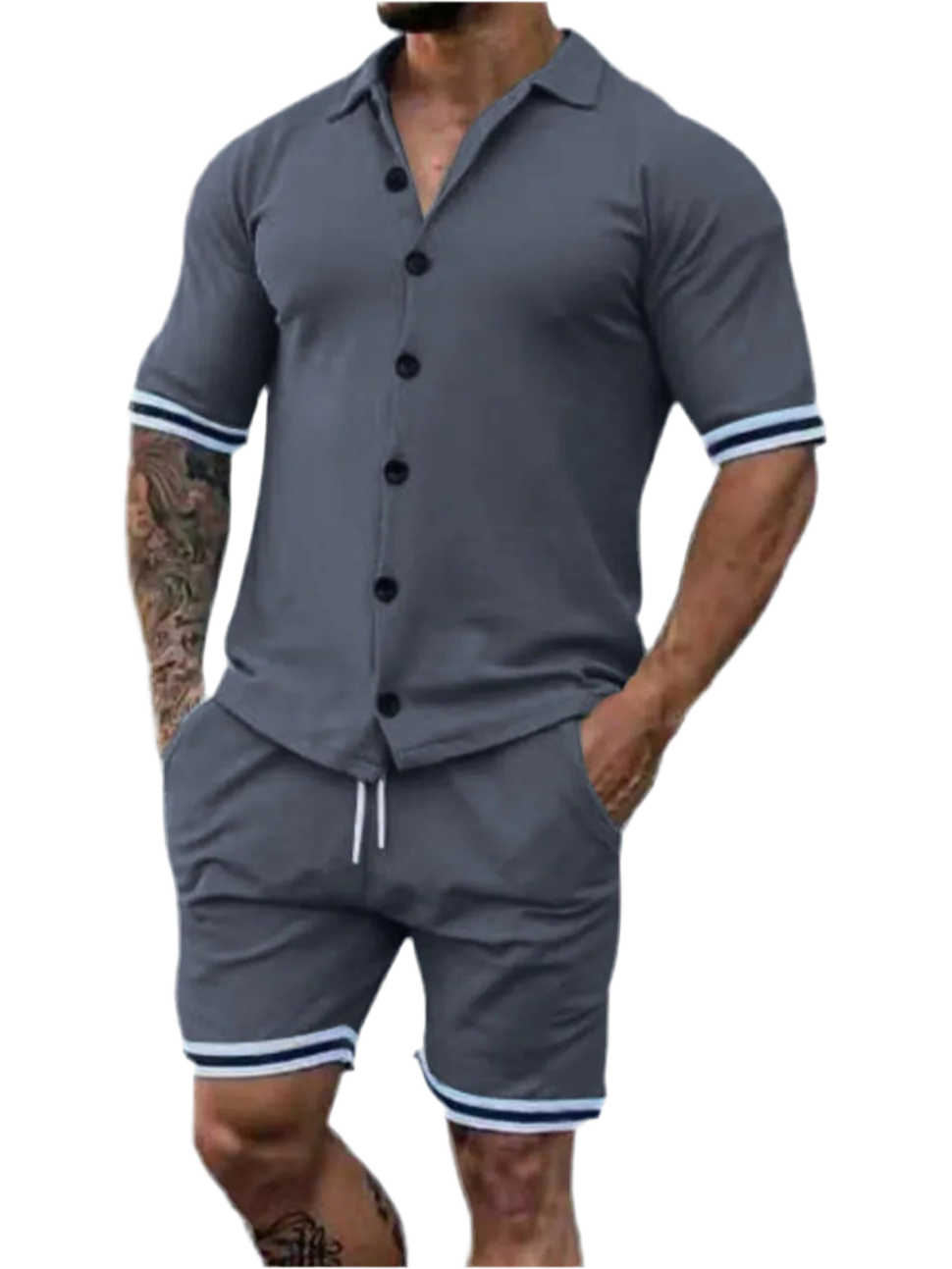 Striped Hem Button Up Top & Shorts Set
