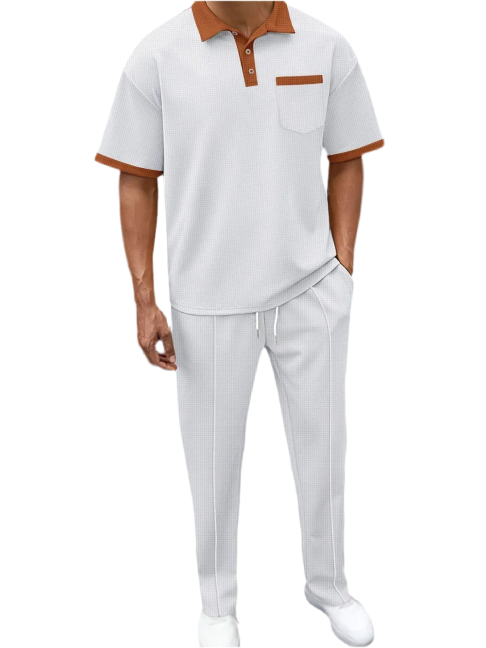 Waffle-Knit Contrast Polo & Pants Set