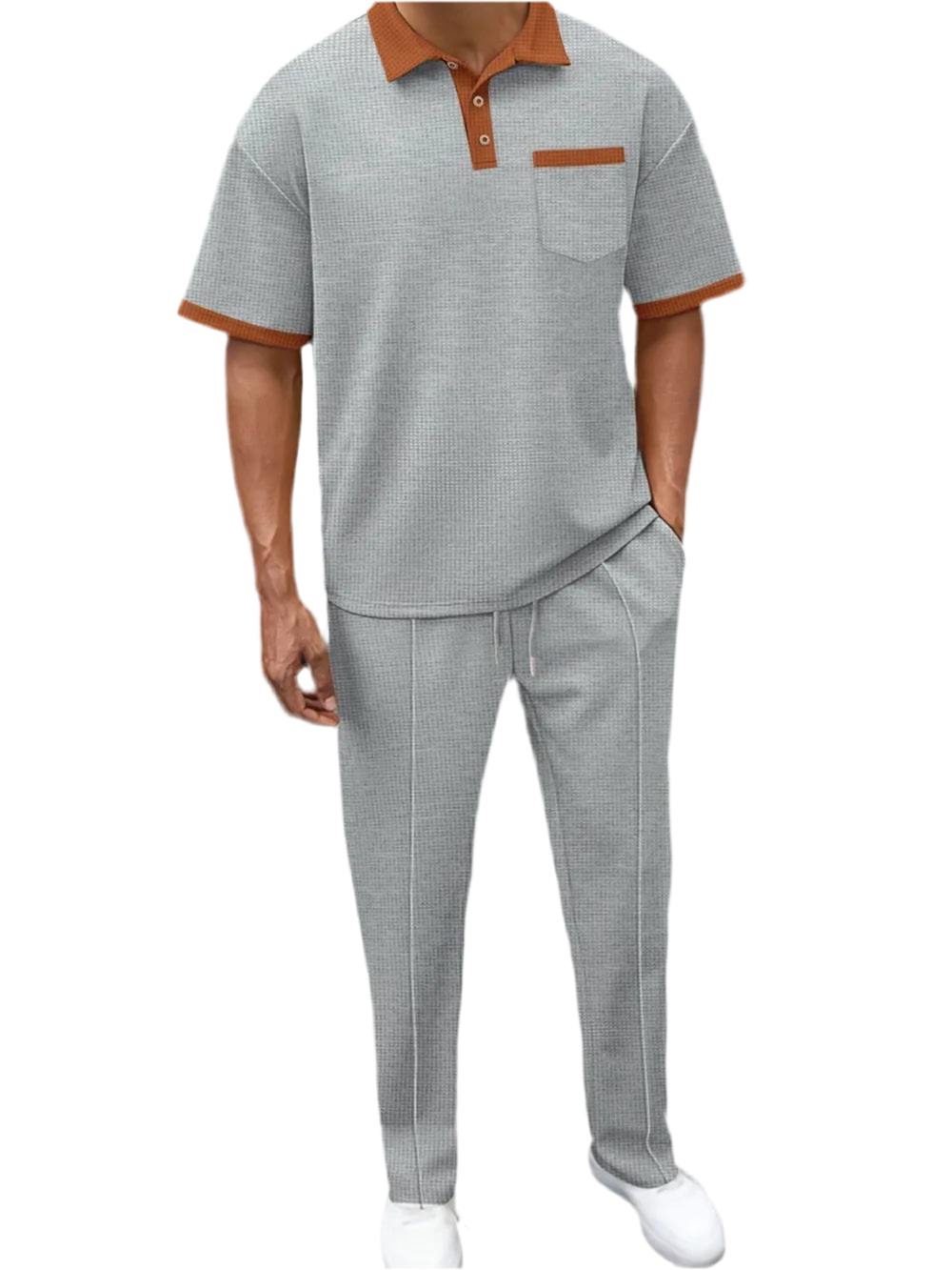 Waffle-Knit Contrast Polo & Pants Set